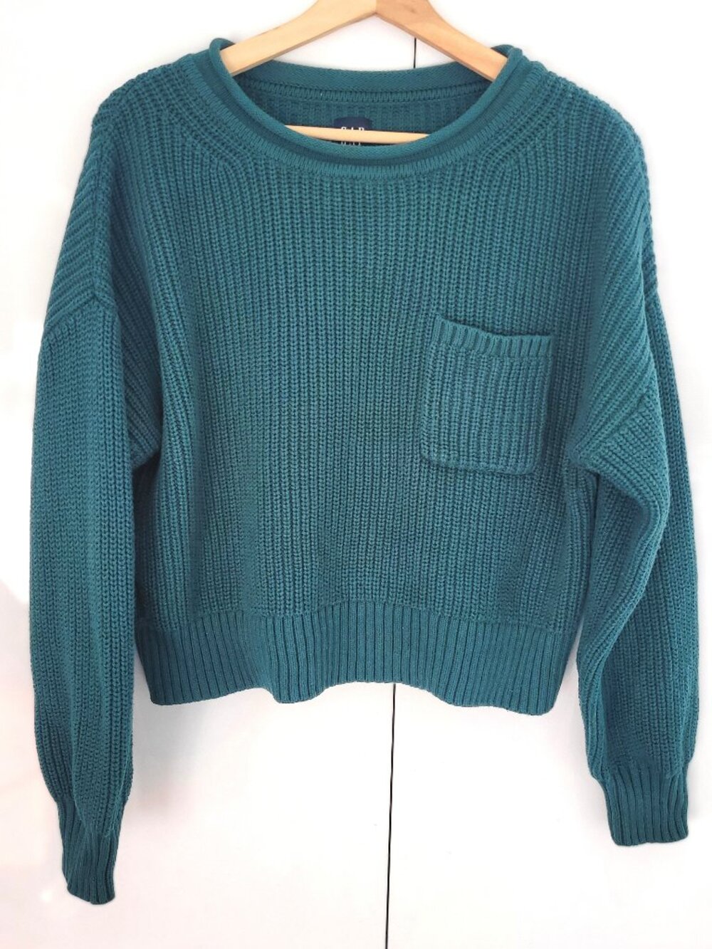 GAP 100% Cotton Teal Crewneck Rollneck Shaker Knit Sweater with Pocket Size S